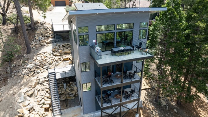 exterior of cabin with multiple balconies