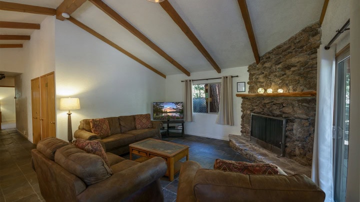 living room with fireplace and television