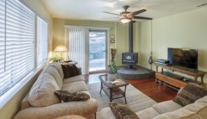 living room with wood stove, couches and television