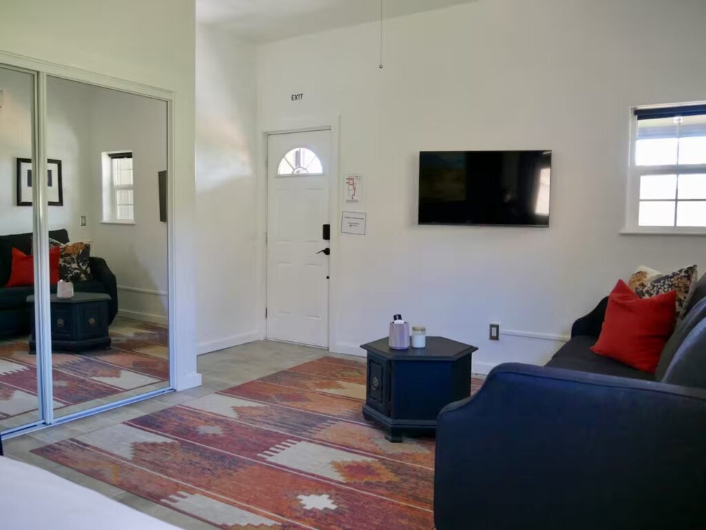 living arrea with television, couch and mirrored closet