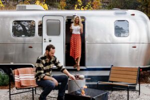 couple at airstream rental in yosemite mariposa county