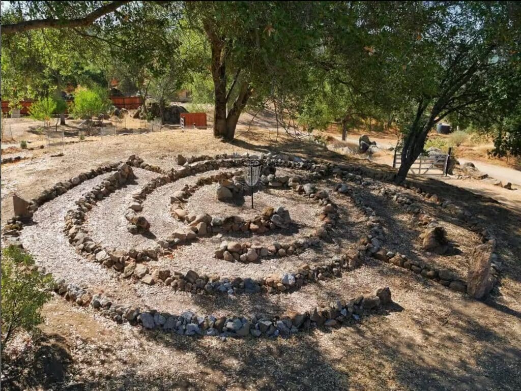 labyrinth with disc golf basket in the center