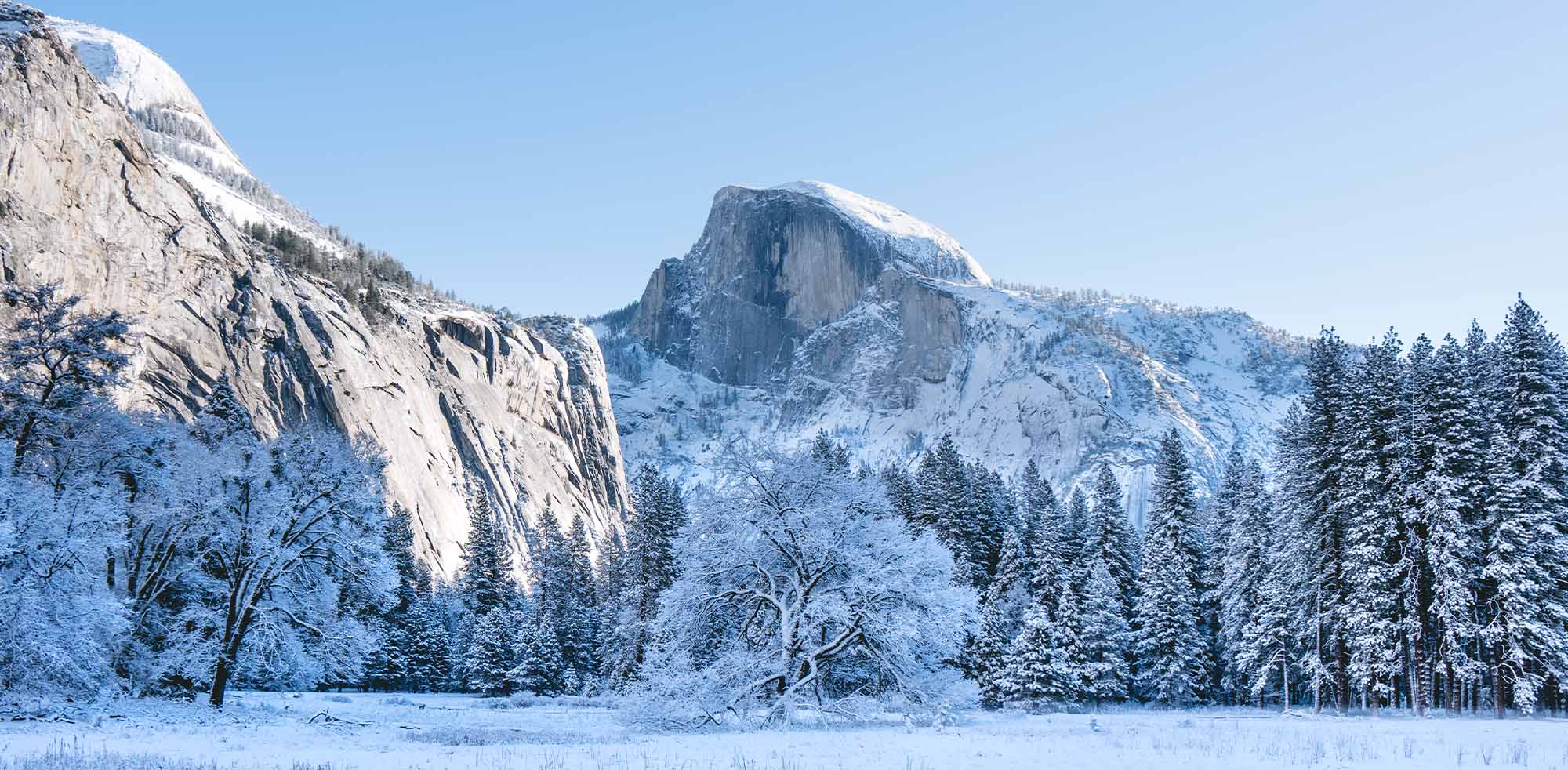 A snowy view of Half Dome from Cooks Meadow